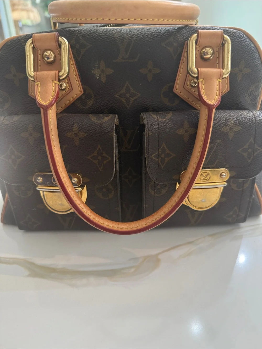 Louis Vuitton Manhattan PM Brown Monogram Canvas Satchel with Dual Front Pockets